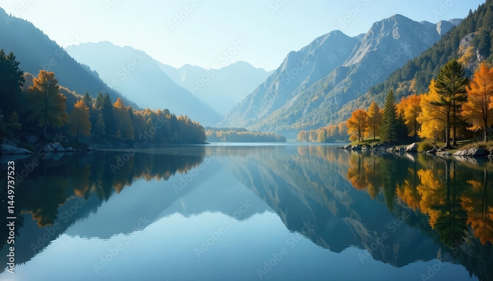 Symmetrical lake reflections mirroring shoreline trees, leaves, symmetry, beautiful Symmetrical lake reflections mirroring shoreline trees, leaves, symmetry, beautiful