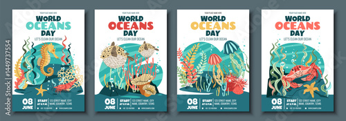 World Oceans Day Flyer Set Featuring Crab, jellyfish, Seahorse and Pufferfish on Coral Reef. Flat Design Vector Templates for Marine Conservation Events, Beach Cleanups and Ocean-Themed Parties