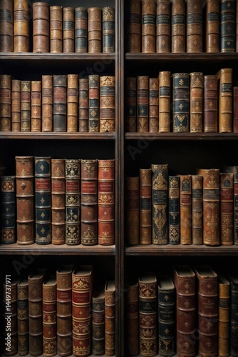 A vintage antique bookshelf filled with old leather-bound books, books, bookshelf, library