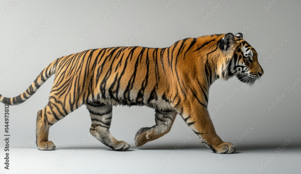 Obraz premium Striking Tiger Walking on Gray Background