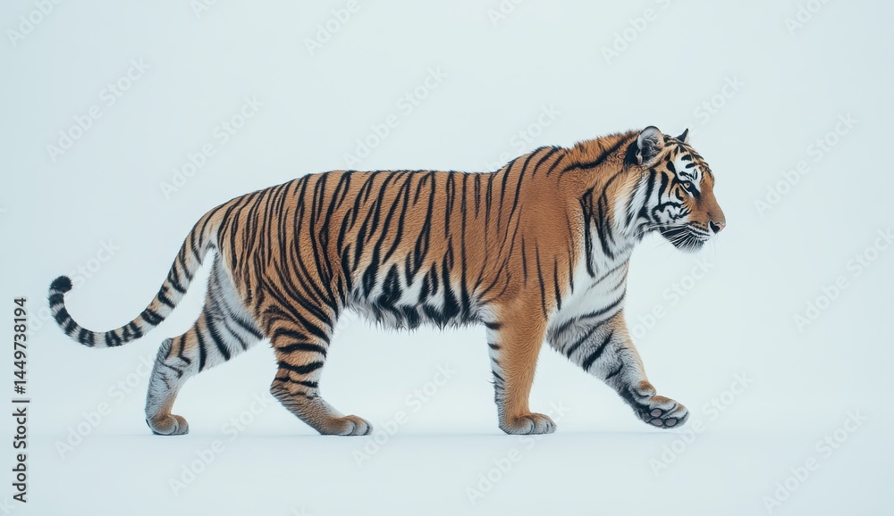 Fototapeta premium Striped Tiger Walking in Snowy Winter Landscape