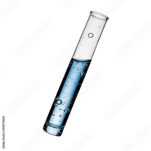 Clear test tube angled slightly with liquid and bubbles on transparent background for scientific experiments and laboratory testing purposes.