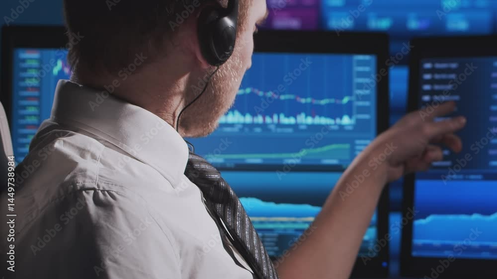 Trader works in office using workstation and analysis technology. Workplace of professional crypto exchange broker. Close-up portrait. Global financial markets, business strategy, currency exchange