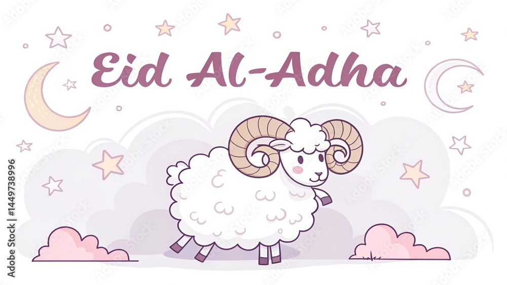 Minimalist Eid al-Adha Sheep in Clouds with Bold Script Typography Minimalist Eid al-Adha Sheep in Clouds with Bold Script Typography