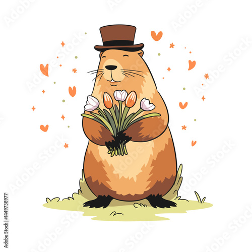 Vector illustration of a cute groundhog wearing a hat and holding a bouquet of flowers. Animal character isolated on a white background, great for greeting cards, seasonal designs, and kids projects.