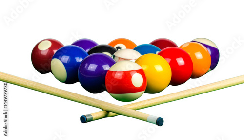 Top-down view of a billiards arrangement with colorful balls and cues on green felt, isolated on white