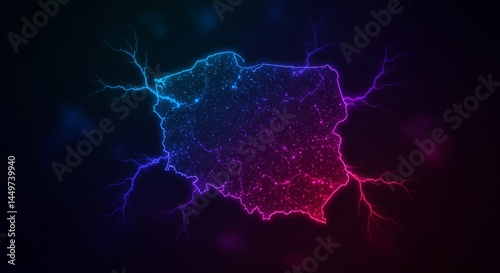 Vibrant bioluminescent map of Poland with radiant neon colors and energy tendrils