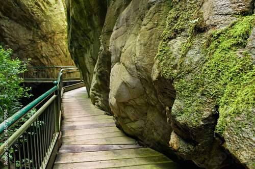walkway through Orrido of Bellano gorge, Province of Lecco, Lombardy, Italy