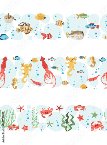 Tropical Seamless Borders Set, Colorful Fish, axolotl, squid and Crab in Flat Design. Perfect for Marine-Themed Websites, Kids Room Decor and Ocean Party Invitations. Repeatable Vector Patterns
