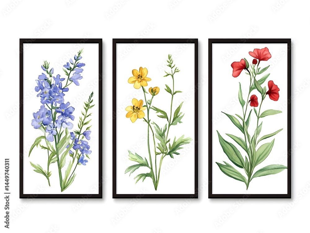 Obraz premium Vibrant Wildflower Wall Art Set - Watercolor Botanical Illustrations for Home Decor