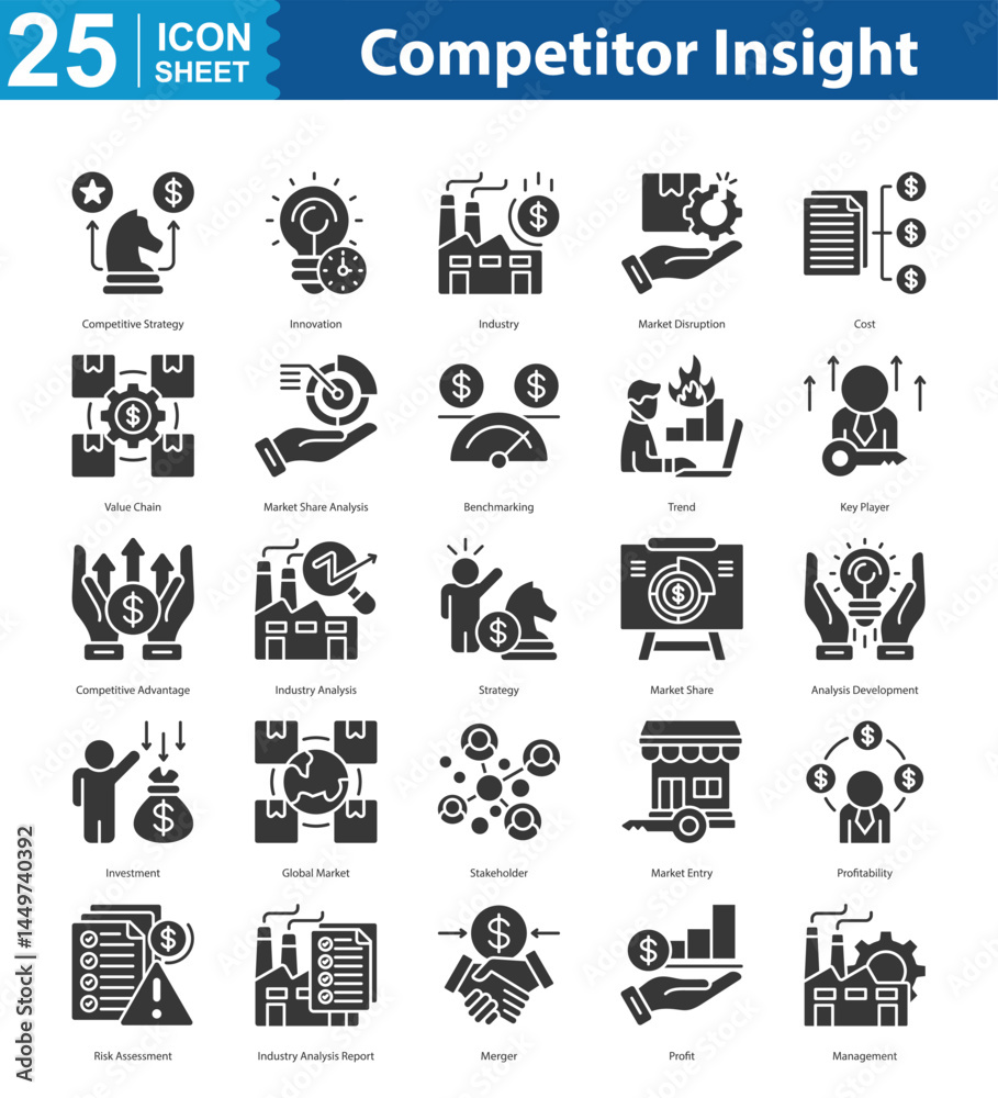 Competitor Insight icon sheet illustration vector web competitive strategy, innovation, industry, market disruption, cost, value chain, market share analysis, benchmarking, trend, key player Competitor Insight icon sheet illustration vector web competitive strategy, innovation, industry, market disruption, cost, value chain, market share analysis, benchmarking, trend, key player