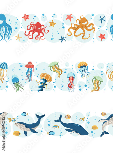 Seamless Ocean Borders Set. Whales, Jellyfish and Octopuses in Flat Design. Perfect for Marine Conservation Websites, Kids Educational Materials and Underwater Party Decor. Repeatable Vector Patterns