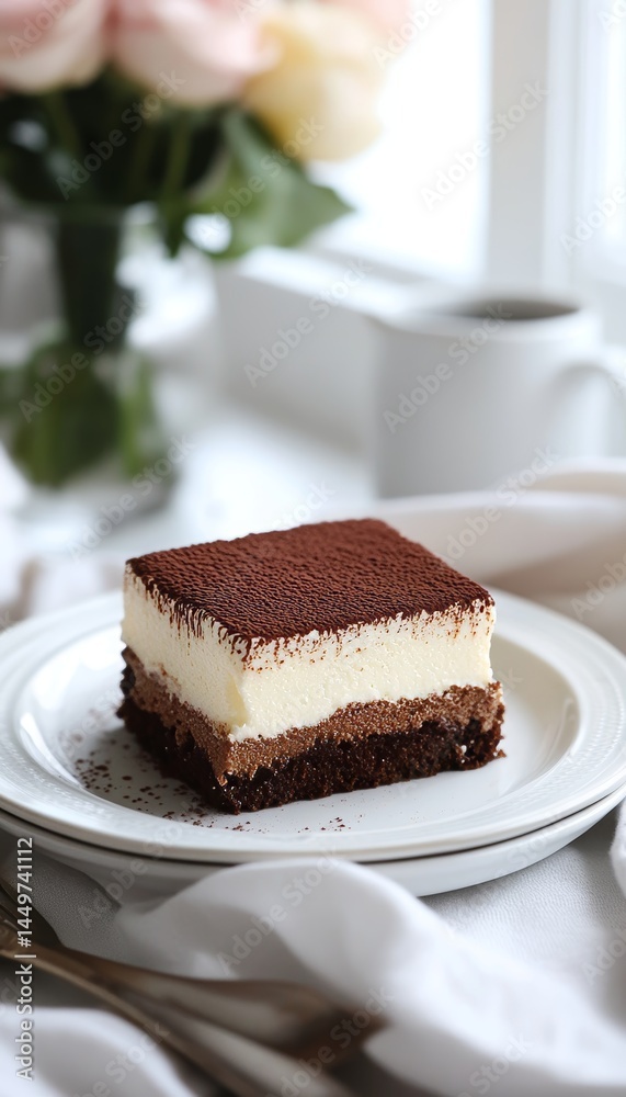 Indulgent Slice of Three-Layered Coffee-Flavored Dessert with Cocoa Powder on Elegant Table