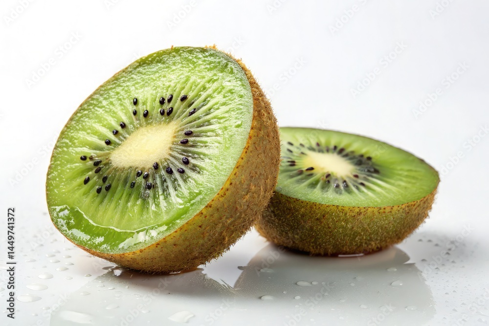 Fototapeta premium Halved Kiwi Fruit on a Clean White Surface Showcasing Texture Generative AI