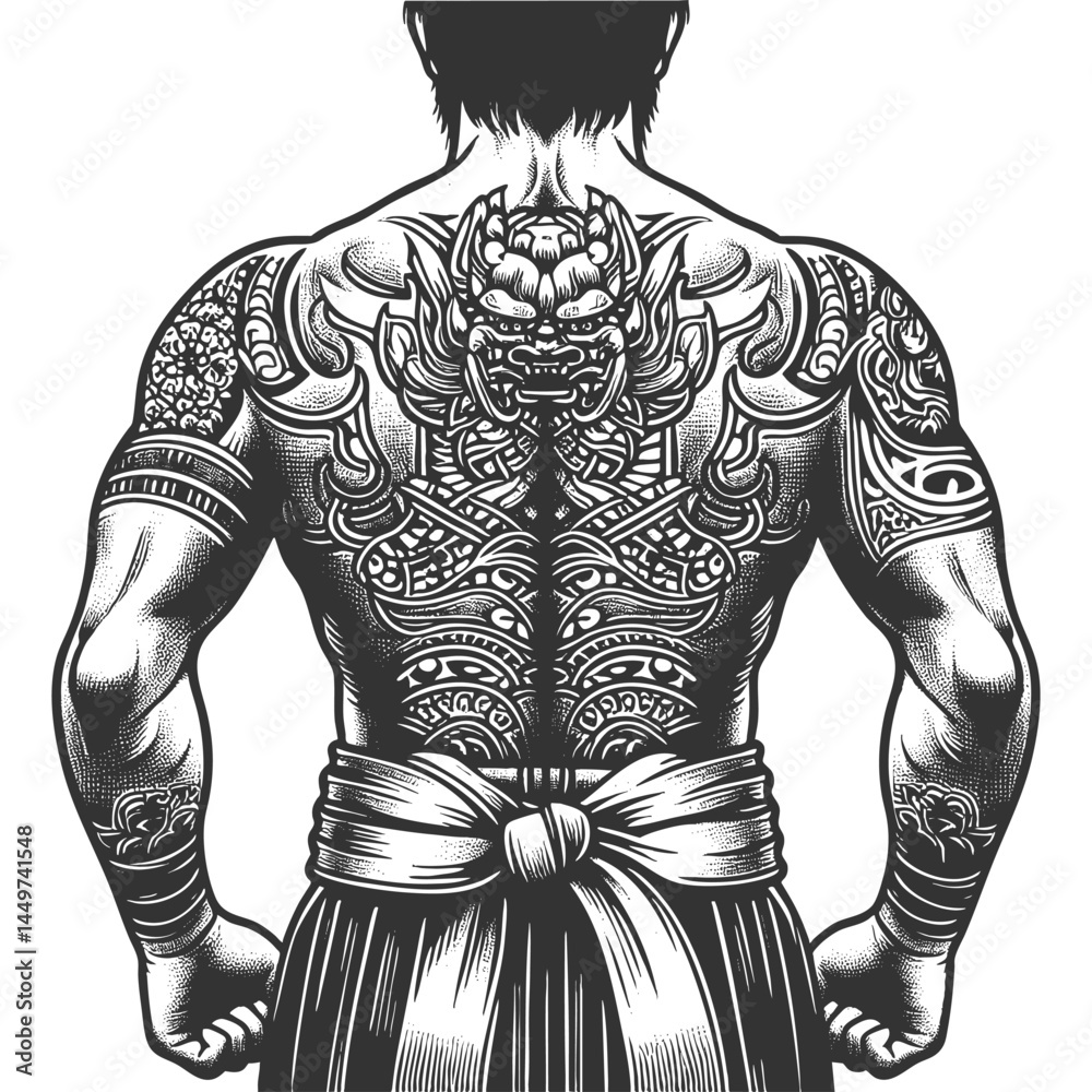 Yakuza-style warrior from behind, featuring elaborate Japanese tattoo art across his muscular back and arms sketch engraving generative ai vector illustration. Scratch board. Black and white image. Yakuza-style warrior from behind, featuring elaborate Japanese tattoo art across his muscular back and arms sketch engraving generative ai vector illustration. Scratch board. Black and white image.