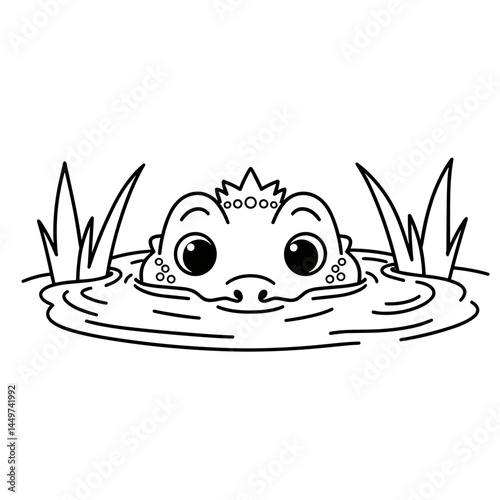 Cute cartoon crocodile peeking out from the water in a pond  