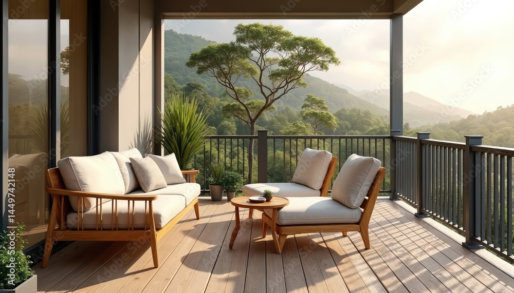 Modern balcony overlooking scenic mountain landscape. Cozy wooden chairs, sofa, small table on wooden deck. Outdoor living space design. Relaxation, vacation, home exterior. Beautiful nature view,