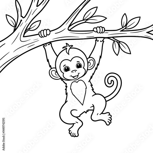 Cute monkey hanging playfully from a tree branch in a coloring book  