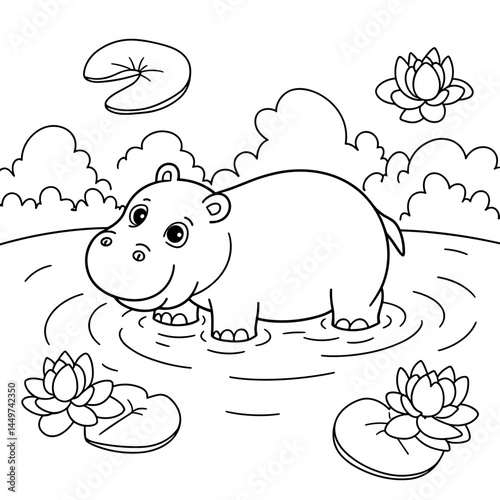 Cute Hippopotamus Coloring Page Surrounded by Lily Pads  