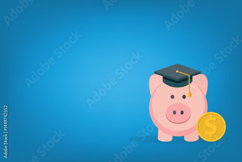 Graduation cost, expensive education, scholarship loan budget, education savings and investment concept. Piggy bank in flat design.	