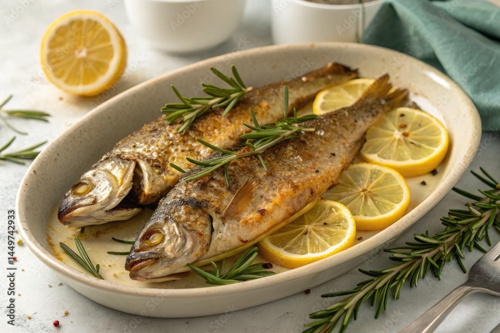 Juicy Fried Fish on a Plate With Lemons and Rosemary Garnish Generative AI Juicy Fried Fish on a Plate With Lemons and Rosemary Garnish Generative AI