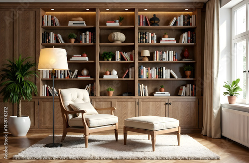 Wallpaper Mural Comfortable reading corner featuring an armchair, ottoman, and floor lamp in front of wooden bookshelves in a warm home library setting Torontodigital.ca