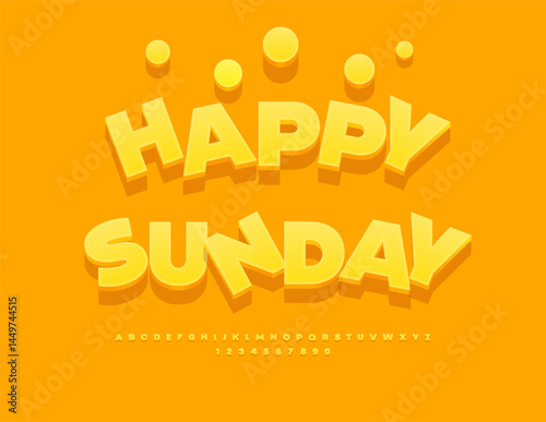 Vector Playful Card Happy Sunday. Summer Yellow Font. Classic Isometric Alphabet Letters and Numbers set.