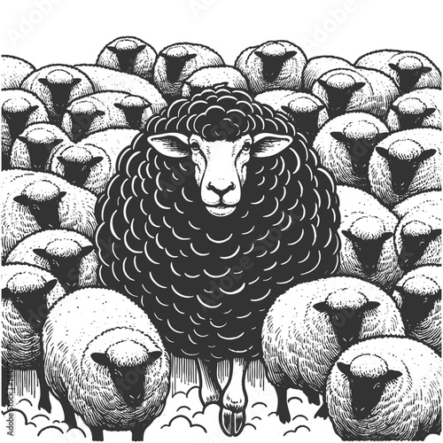 single black sheep among white sheep, symbolizing the black sheep metaphor for exclusion and individuality sketch engraving generative ai vector illustration. Scratch board. Black and white image.