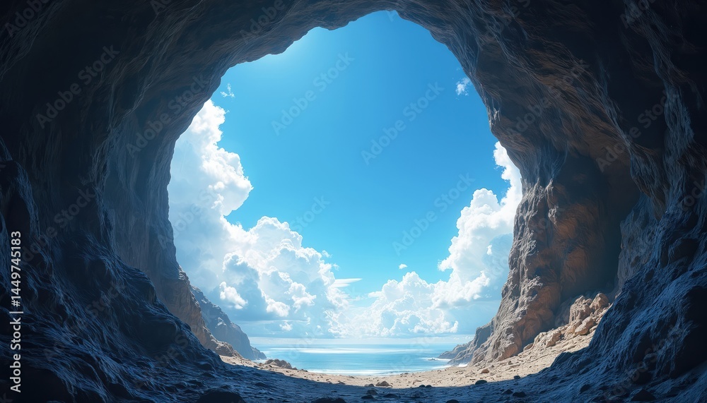 Looking upwards from cavern, sky filling background. Sunlight breaks through rocky opening. Illustration presents serene landscape, contrast of dark cave, bright blue sky with white clouds, revealing