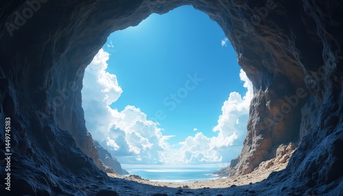 Obraz na płótnie Looking upwards from cavern, sky filling background. Sunlight breaks through rocky opening. Illustration presents serene landscape, contrast of dark cave, bright blue sky with white clouds, revealing w salonie