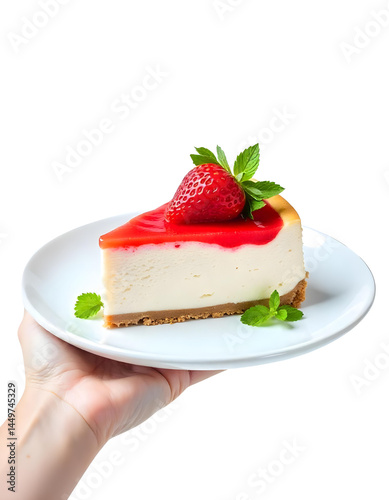 hand holding a plate with cheesecake and strawberries