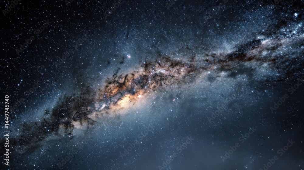 Fototapeta premium A breathtaking view of the Milky Way galaxy, showcasing its swirling clouds of gas and dust, speckled with countless stars. A celestial masterpiece.