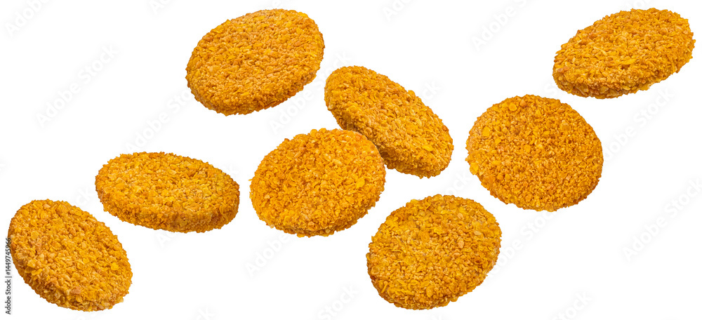 Fototapeta premium Falling chicken burger patty isolated on white background