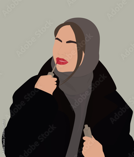 Vector flat image of a young girl in a knitted gray hood and coat. Brown-haired with bright lips. Design for avatars, posters, backgrounds, templates, banners, textiles, postcards.