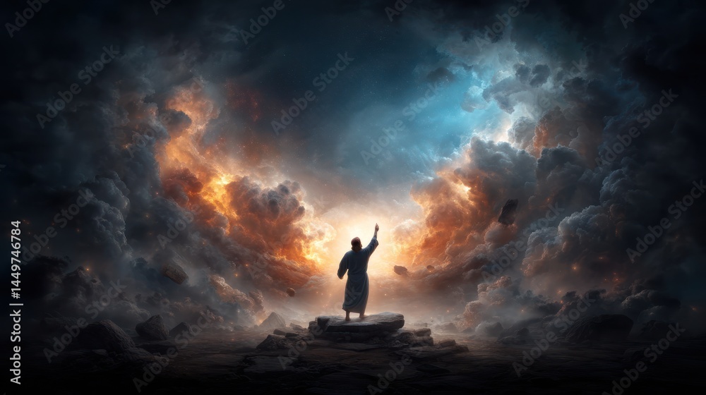 Fototapeta premium Figure in robe stands amidst dramatic clouds