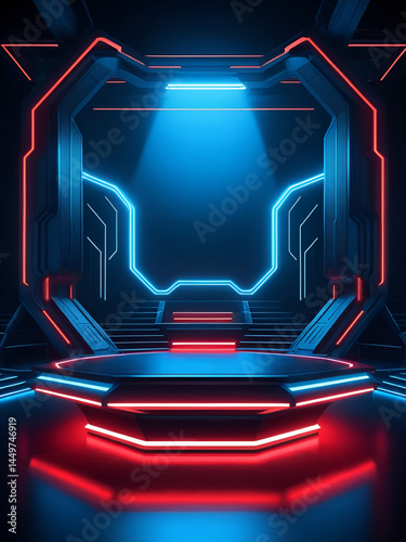 Futuristic SciFi Stage With Glowing Red Platform And Blue Lighting