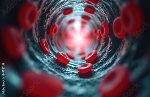 Detailed photo shows red blood cells flowing through narrow blood vessel. Illuminated by soft light. Medical illustration shows circulation, human anatomy, biology, health care. Red corpuscles move