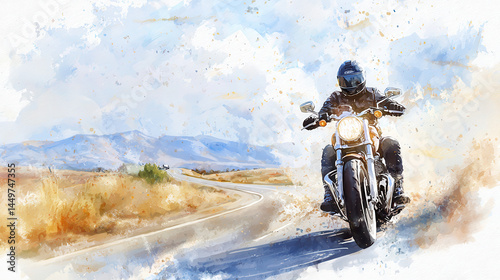 motorcyclist rides along winding road, surrounded by scenic landscape of mountains and blue skies, evoking sense of freedom and adventure