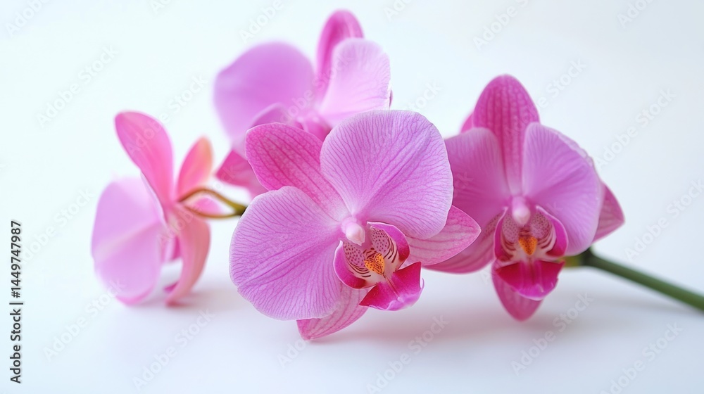 Obraz premium Bright pink orchids clustered in a minimalist bunch on a white background.