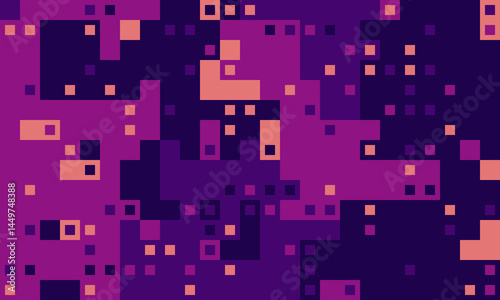 Abstract pixel art background.  Vibrant purple and peach squares create a dynamic, energetic design. Ideal for tech, gaming, or modern design projects.