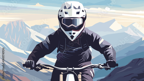 mountain biker in gear, helmet with black visor, vector style illustration, mountain bike race poster design, background of mountains. Outdoors healthy lifestyle, sports activity in the great outdoors