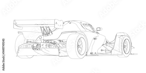 A car is shown in a black and white drawing. The car is a race car with a large front wheel and a small rear wheel. The car is shown in motion, with the front wheel almost touching the ground