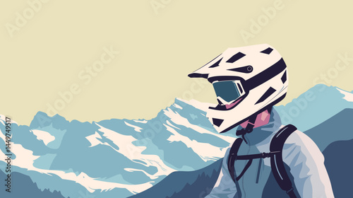 mountain biker in gear, helmet with black visor, vector style illustration, mountain bike race poster design, background of mountains. Outdoors healthy lifestyle, sports activity in the great outdoors