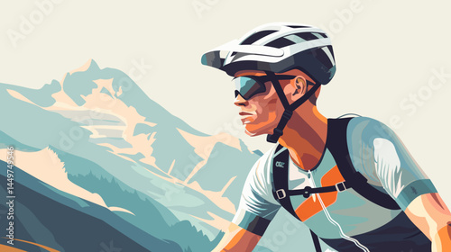 mountain biker in gear, helmet with black visor, vector style illustration, mountain bike race poster design, background of mountains. Outdoors healthy lifestyle, sports activity in the great outdoors