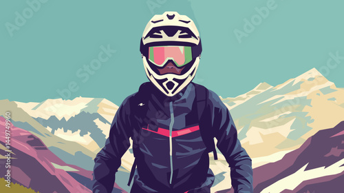 mountain biker in gear, helmet with black visor, vector style illustration, mountain bike race poster design, background of mountains. Outdoors healthy lifestyle, sports activity in the great outdoors