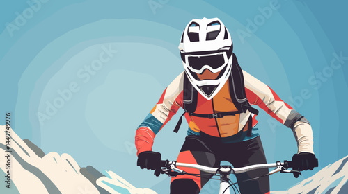 mountain biker in gear, helmet with black visor, vector style illustration, mountain bike race poster design, background of mountains. Outdoors healthy lifestyle, sports activity in the great outdoors