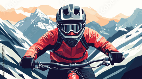 mountain biker in gear, helmet with black visor, vector style illustration, mountain bike race poster design, background of mountains. Outdoors healthy lifestyle, sports activity in the great outdoors