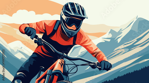 mountain biker in gear, helmet with black visor, vector style illustration, mountain bike race poster design, background of mountains. Outdoors healthy lifestyle, sports activity in the great outdoors