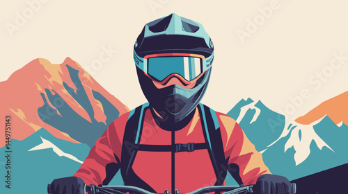 mountain biker in gear, helmet with black visor, vector style illustration, mountain bike race poster design, background of mountains. Outdoors healthy lifestyle, sports activity in the great outdoors