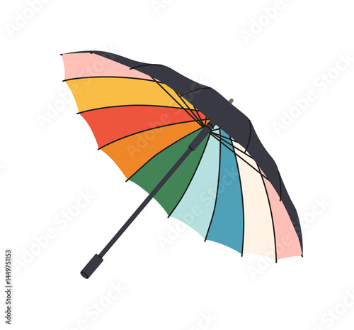 Open rainbow umbrella icon. Colourful parasol, foldable brolly for protection from rain or sun. Funny gamp, canopy, shield from rainy weather. Flat isolated vector illustration on white background